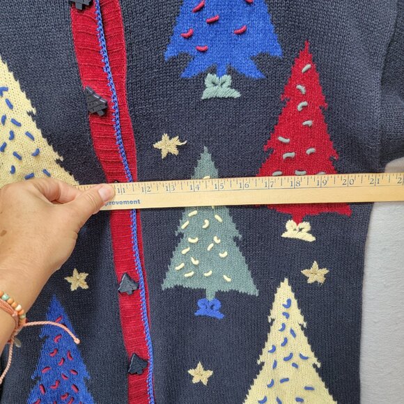 Vintage Christmas Cardigan Sweater Womens L 3D Hand Embroidered Trees Buttons - Picture 12 of 15